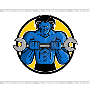 Blue Muscular Monster Wrench Mascot - vector image