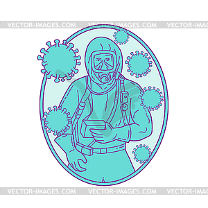 Doctor Wearing Protective Suite With Coronavirus - vector image