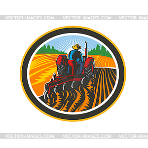 Farmer Driving Tractor Plowing Field Circle Retro - color vector clipart