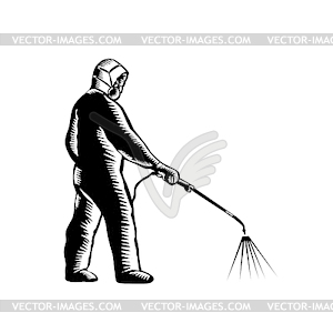 Основной работник, носящий дезинфицирующее средство для распыления СИЗ - изображение векторного клипарта