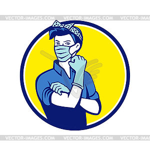 Rosie Riveter Wearing Mask Circle Mascot - vector clipart