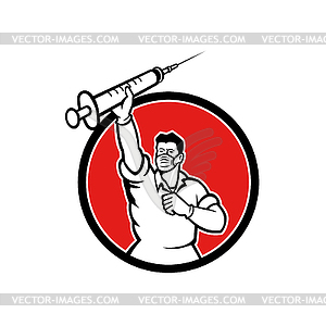 Doctor Lifting Syringe Wearing Mask Mascot - vector clipart
