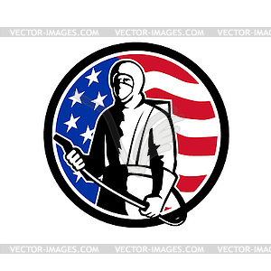 Industrial Worker Spray Disinfectant Standing USA - vector clipart