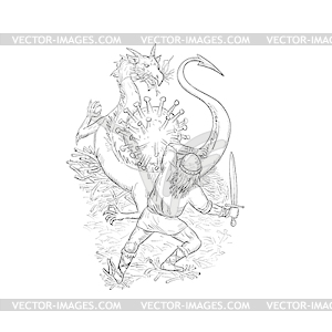 Knight Fighting Dragon With Covid-19 Drawing - stock vector clipart