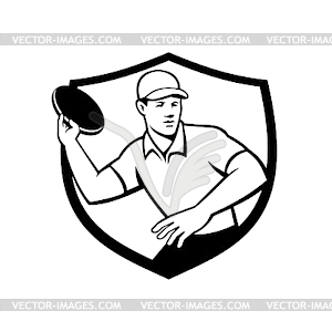 Disc Golf Player Throwing Crest Black and White - vector clip art