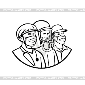 Essential Workers Wearing Mask as Heroes Black and - vector clipart