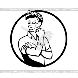 Rosie Riveter Wearing Mask Circle Black and White - stock vector clipart