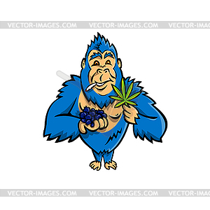 Gorilla Holding Blueberry and Cannabis Leaf Mascot - vector image