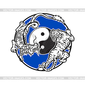 Tiger and Chinese Dragon Fighting Circle Mascot - vector image