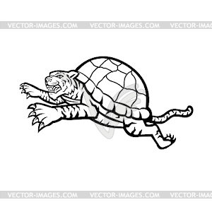 Turtle Tiger Leaping Side Black and White - vector clip art