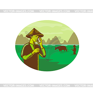 Vietnamese Farmer on Mobile Phone Woodcut - vector clipart