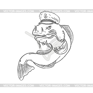 Captain Catfish Wearing Cap Jumping Drawing Black - vector clipart