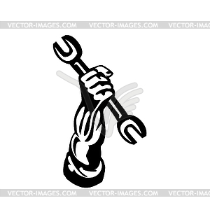 Mechanic Hand Holding Up Spanner Circle Retro - vector image