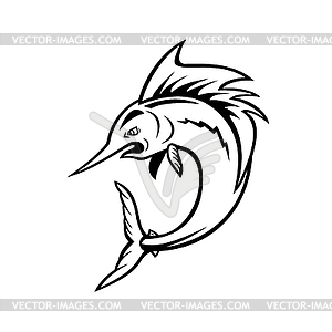 Atlantic Sailfish Jumping Cartoon Black and White - vector clipart