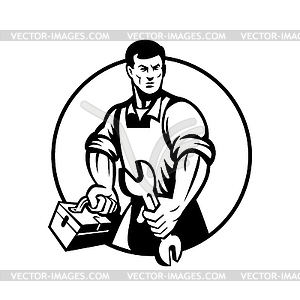 Automotive Mechanic Holding Spanner and Toolbox - vector image