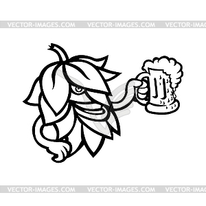 Hop Plant Drinking Mug of Ale Mascot Black and White - vector image