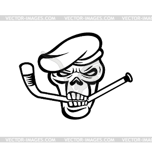 Green Beret Commando Skull Biting an Ice Hockey - vector clipart