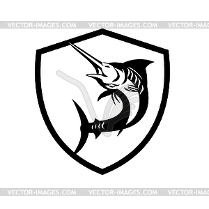 Blue Marlin Fish Jumping Shield Crest Retro Black - royalty-free vector clipart