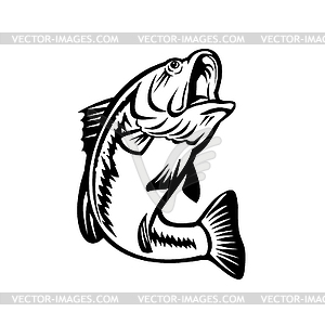 Bucketmouth Bass Swimming Down Black and White Retro - vector clip art