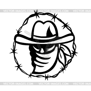 Outlaw Wearing Face Mask with Barbed Wire Ring - vector clipart