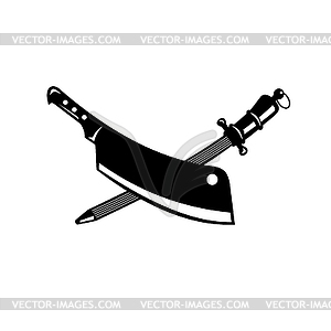 Crossed Butcher Knife Meat Cleaver and Sharpener - white & black vector clipart