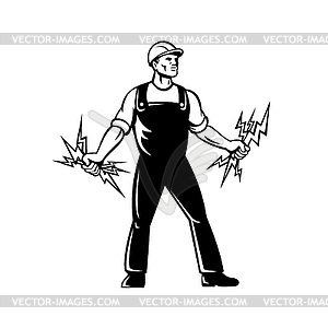 Electrician Lineworker Holding Bunch of Lightning - vector clipart / vector image