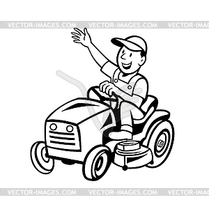 Farmer Riding Ride-on Mower Waving Hand Cartoon - white & black vector clipart