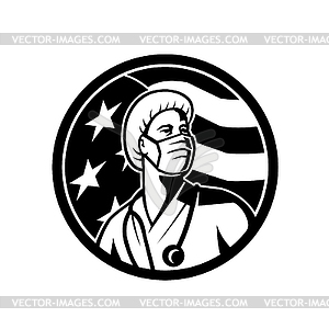 American Nurse Looking Up USA Flag Circle Black - royalty-free vector clipart