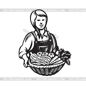 Female Organic Farmer with Basket of Vegetable - vector image