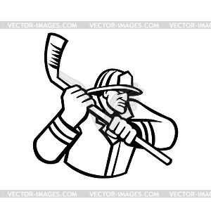 Fireman Playing Ice Hockey Sport Mascot Black and - vector clip art