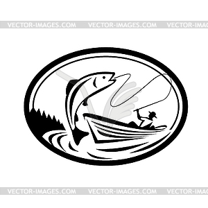 Fly Fisherman Fishing Boat Reeling Trout Oval - vector clip art