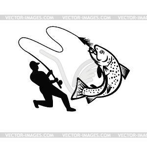 Fly Fisherman Hooking Brook Trout Retro Black and - vector clipart