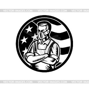 Food Worker Wearing Mask USA Flag Retro Black and - vector clipart / vector image