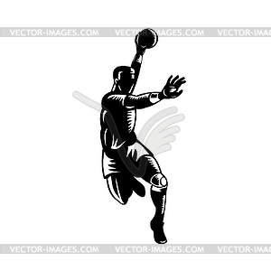 European Handball Player Jumping Scoring Woodcut - vector image