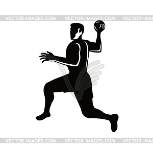 Handball Player Jumping Throwing Ball Retro Black - vector clipart