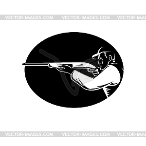 Duck Hunter Aiming Shotgun Shooting Side View Oval - white & black vector clipart