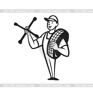 Tire mechanic with spanner cartoon Black and White - vector image