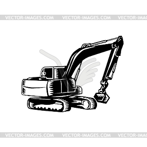 Mechanical Digger Excavator Woodcut Black and White - vector image
