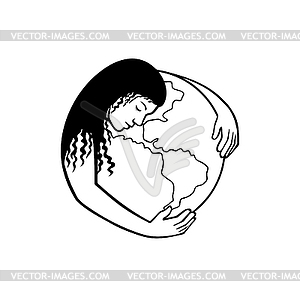 Mother Earth Hugging World Globe Retro Black and - vector clipart