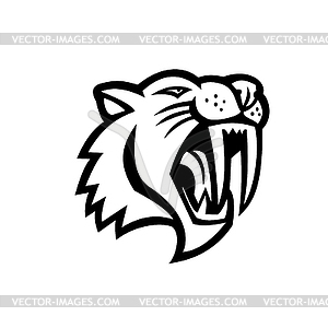 Angry Saber Toothed Cat Head Mascot Black and White - vector clip art