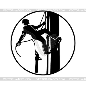 Arborist Climbing Up Tree With Chainsaw in Circle - vector image