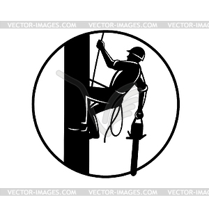 Arborist With Chainsaw Climbing Tree Circle Retro - vector clipart