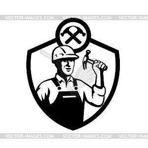 Builder Carpenter Holding Hammer Shield Retro - vector clipart