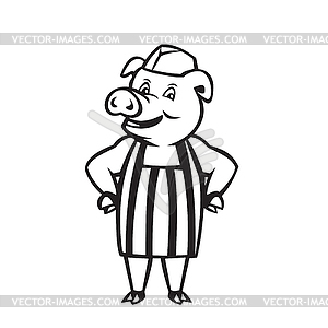 Butcher Pig Wearing Apron Hands on Hip Cartoon Blac - vector clip art