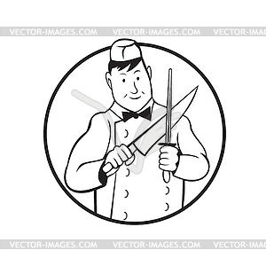 Butcher Sharpening Knife Front View Circle Cartoon - vector image