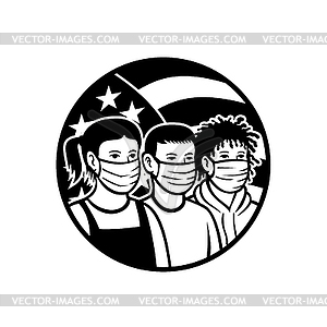 American Children of Different Race Wearing Face - vector clip art