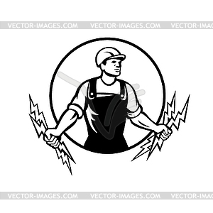 Electrician Power Lineman Holding Two Lightning - vector image