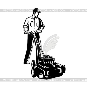 Gardener Mowing With Lawnmower Front View Woodcut - royalty-free vector image