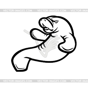 Angry Manatee Swimming Up Mascot Black and White - vector clipart