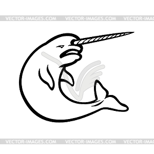 Angry Narwhal Jumping Mascot Black and White - vector clipart